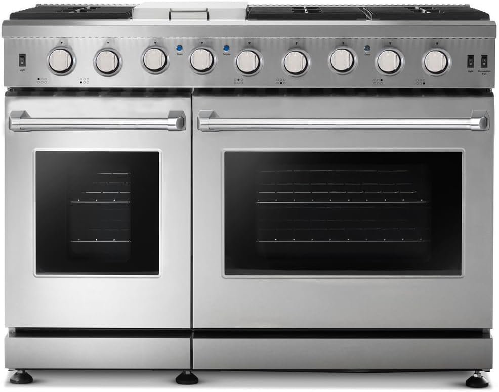 48-inch Pro-Style Natural Gas Range or Liquid Propane Gas Range with 6 high-powered Burners, Griddle Cooktop, and 6.8 cu. ft. Double Oven, in Stainless Steel