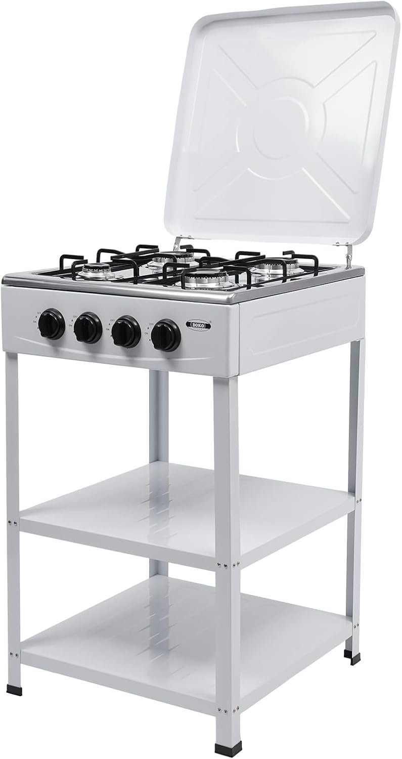 Outdoor Natural Gas Stove,4-Burner Cooking Iron Gas Stove Set With Double storage shelves,Independent Control,Freestanding Commercial Restaurant Gas Stove for camping, traveling, picnicking(White) - Image 4