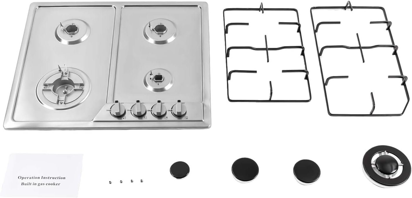 4 Burner Gas Top Stove Gas Cooktop 24 Inch Stainless Steel Built-in Gas Cooktop Gas Cooker Natural LPG Silver Gas Hob for Kitchen,Electric Ignition(4 Burner/22.83" * 19.68") - Image 7