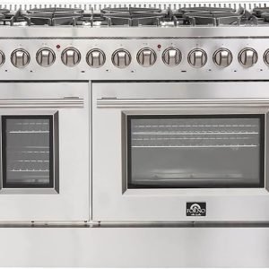 FORNO Galiano Dual Fuel 48" Inch. Freestanding Range 8 Sealed Brass Burners Cooktop - 6.58 Cu. Ft. Double Convection Electric Oven - Stainless Steel Stove Range Heavy Duty Cast Iron Grates