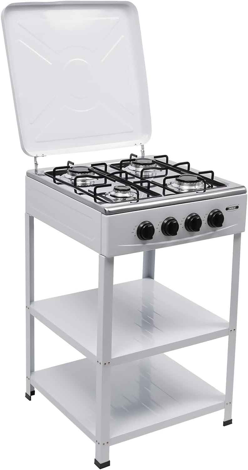 4 Burner Gas Stove Portable Natural Gas Camping Grill Stove Floor Standing Gas Cooktop with Storage Stand and Wind Blocking Cover Adapter Manual Ignition for Outdoor Camping RV (White)