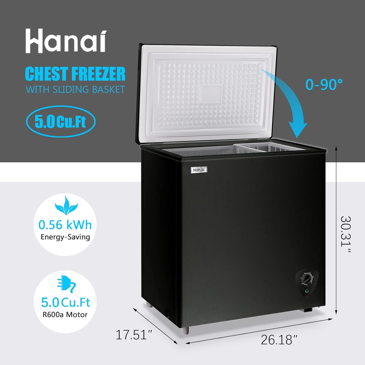 Chest Freezer 5.0 Cu.Ft Black Compact Freezer, Manual Defrost Deep Freezer with Storage Basket, Space-Saving Flat Back, Stay-Open Lid, Side-Access Drain for Home Basement Cottage Business - Image 5