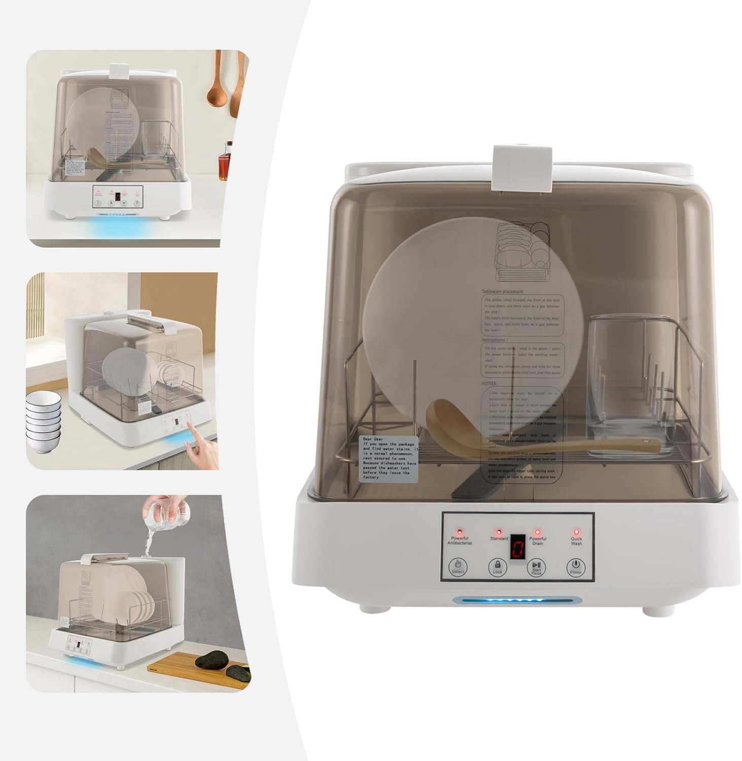 Transparent Countertop Dishwasher Mini Automatic Portable Dishwashing Multiple Washing Programs Dish Washer Machine with 1.59gal Water Tank 360° Rotating Spray for Apartments Dorms RVs