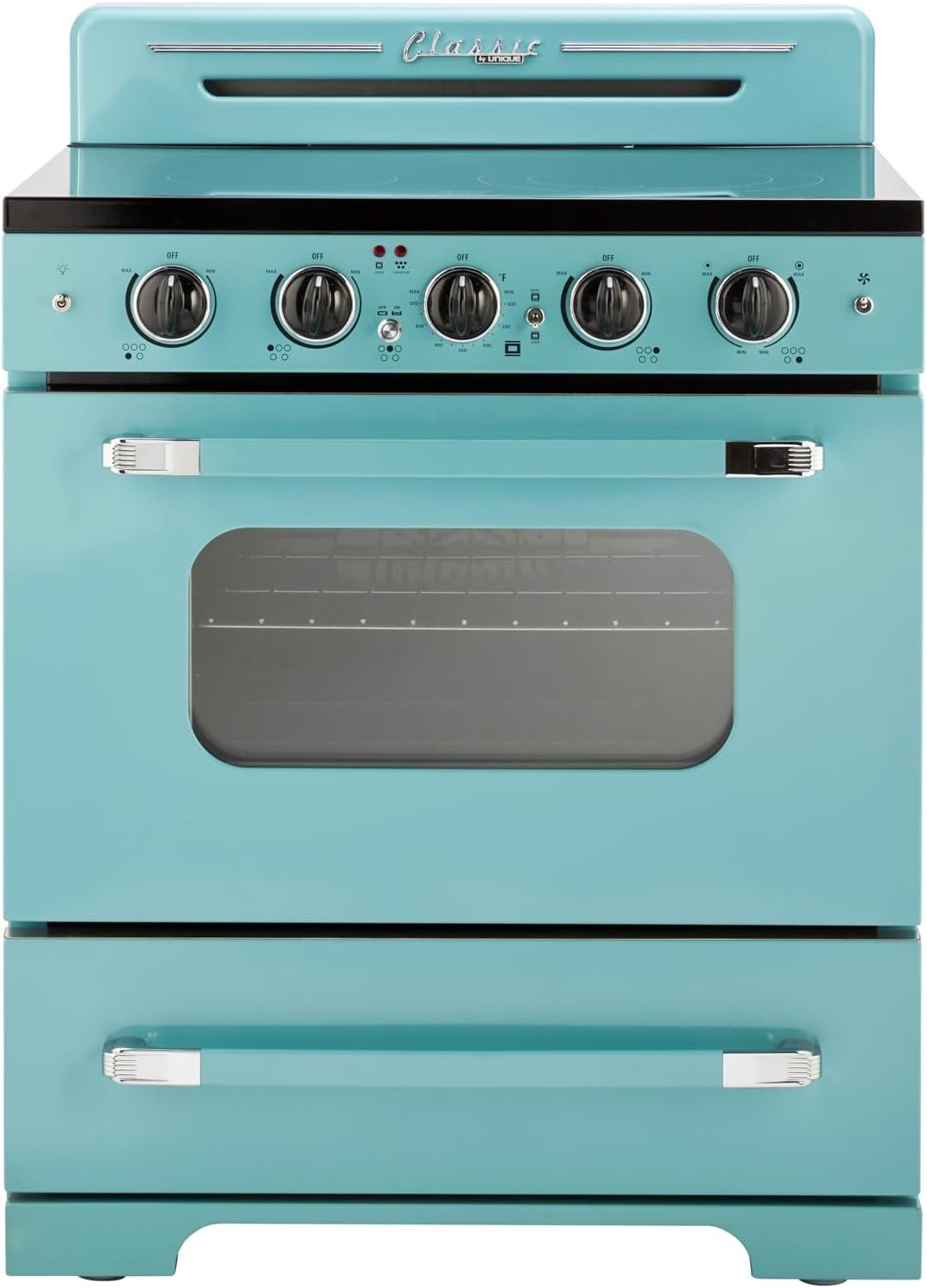 Unique Appliances UGP-30CR EC T Classic Retro Radiant Freestanding Electric Convection Oven Light, Range with 5-Element Glass Cooktop, 30", Ocean Mist Turquoise