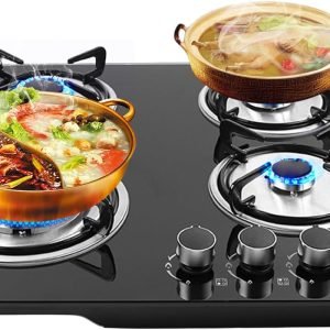 Gas Stove Top with 4 Burners, 23 x 20 Inch Built Cooktop in Stainless Steel, Black Tempered Glass Gas Range with Thermocouple Protection LPG Convertible Propane Cooktop for Kitchen, RV