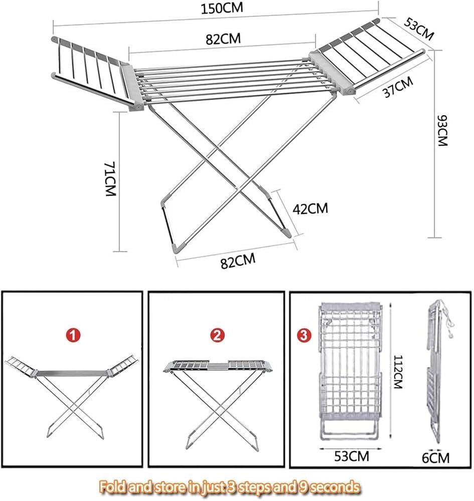 18 Bars Winged Electric Heated Clothes Airer Dryer, Electric Heated Folding Clothes Dryer Airer Cover, for Easy Storage Dry Saves Energy - Image 5