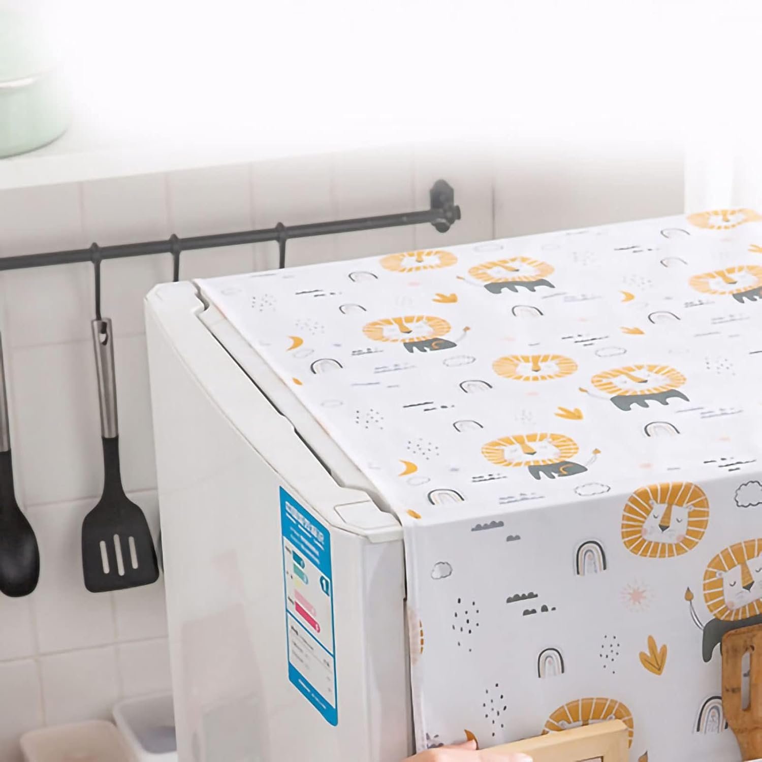 Dust-Proof Refrigerator Cover PEVA Washing Machine Top Protector with Side Storage Bags Water and Oil Proofing Refrigerator Cover Towel Universal Cover for Home and Kitchen(Lion) - Image 3