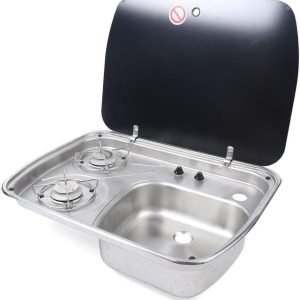 Camping Burner Gas Stove, 2 Burner Boat Caravan RV Camper Gas Stove Hob Sink Combo with Tempered Glass Lid
