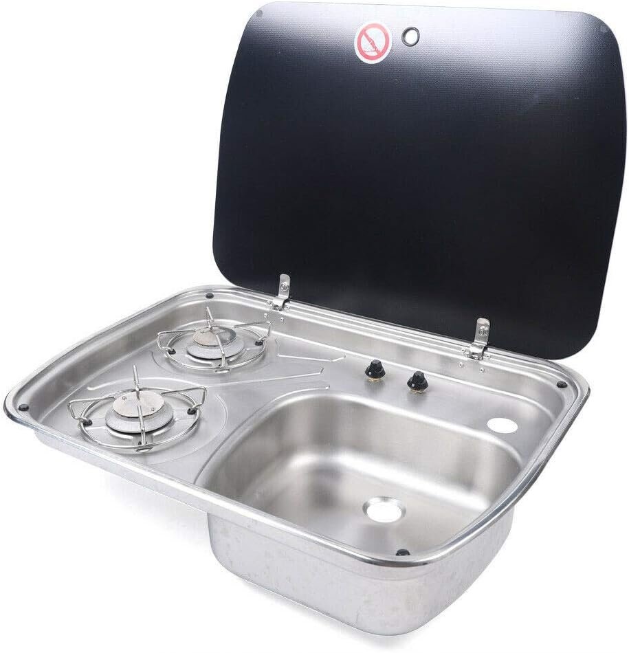 Camping Burner Gas Stove, 2 Burner Boat Caravan RV Camper Gas Stove Hob Sink Combo with Tempered Glass Lid