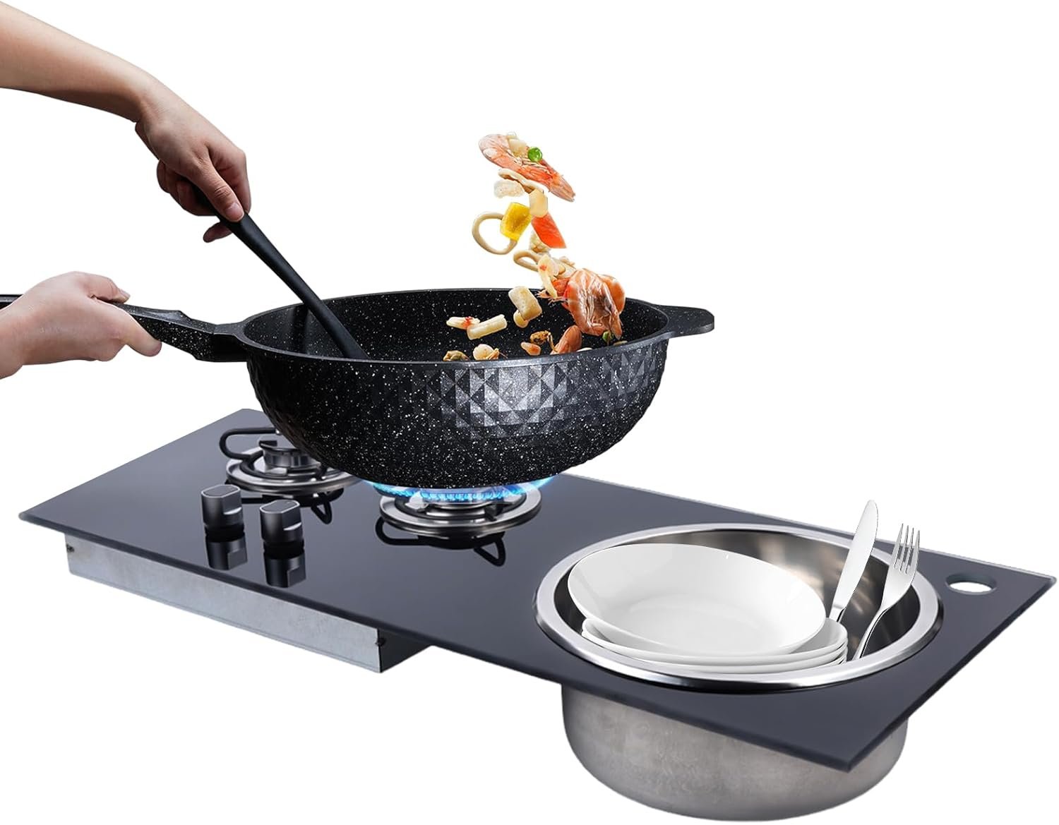 RV Gas Stove, Burner Tempered Glass Gas Cooktop Burner Lpg Gas Stove Hob for Boat Caravan Rv Camper Gas Range Stove Multi-level Fire Adjustment (With Bowl, 2 Burner)