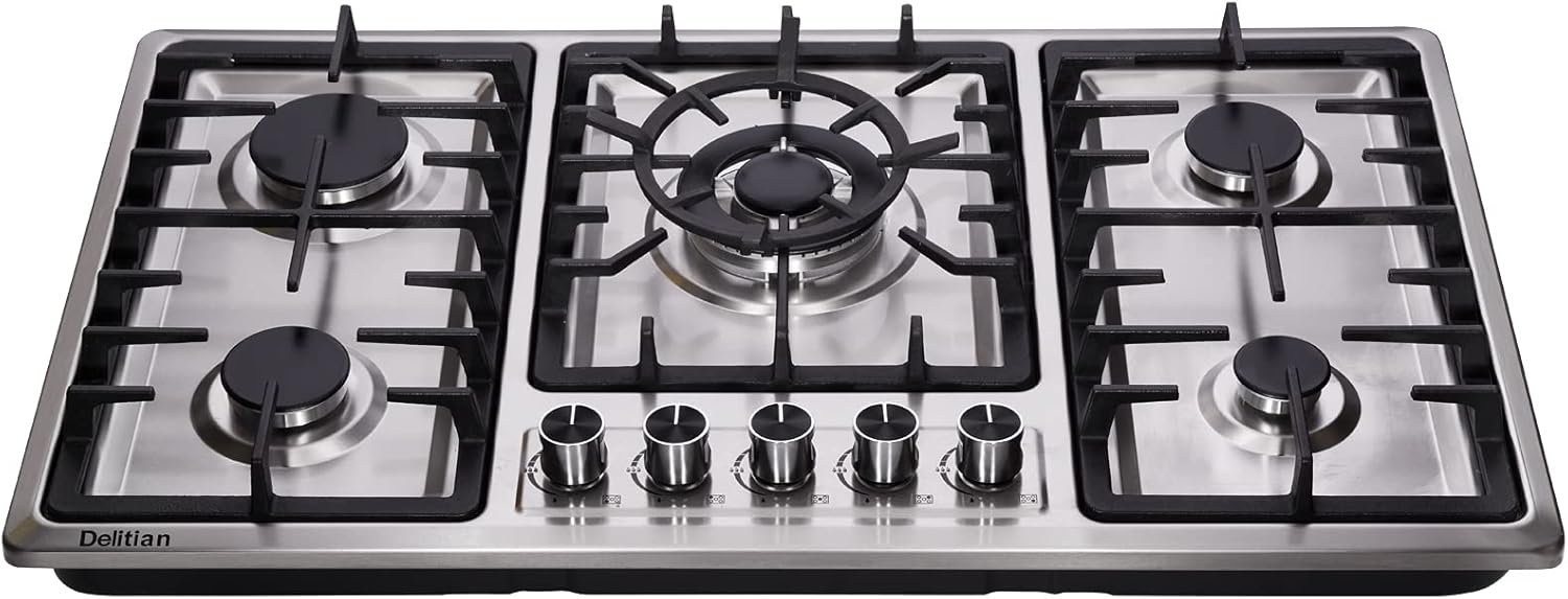 34 Inch Gas Cooktop DT5809 Built-in Stainless Steel 5 Burners Gas Stovetop LPG/NG Convertible Dual Fuel Gas Hob