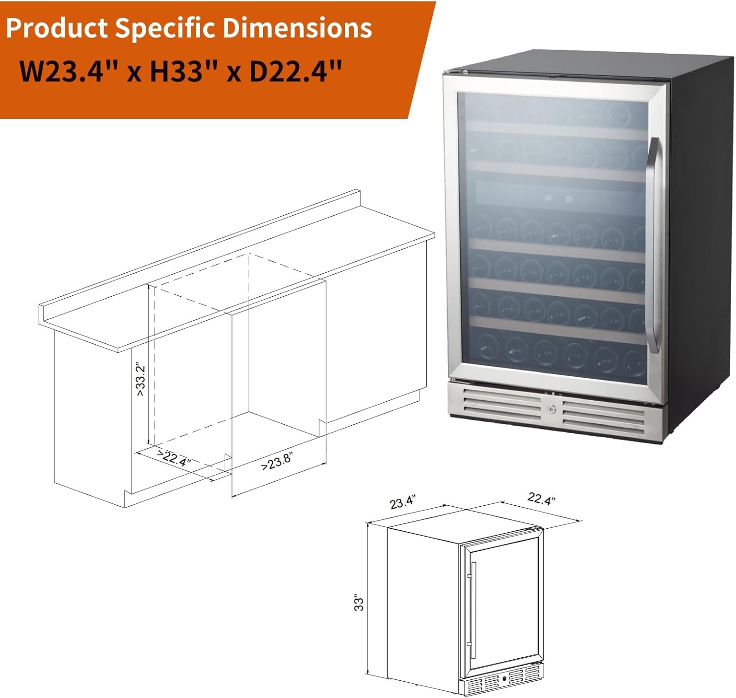46 Bottle Wine Cooler Refrigerator, 24 Inch Dual Zone Built-in Wine Fridge for Home, Kitchen, or Office, Double-Layer Tempered Glass Door with Lock, Digital Temperature Control, Stainless Steel - Image 2