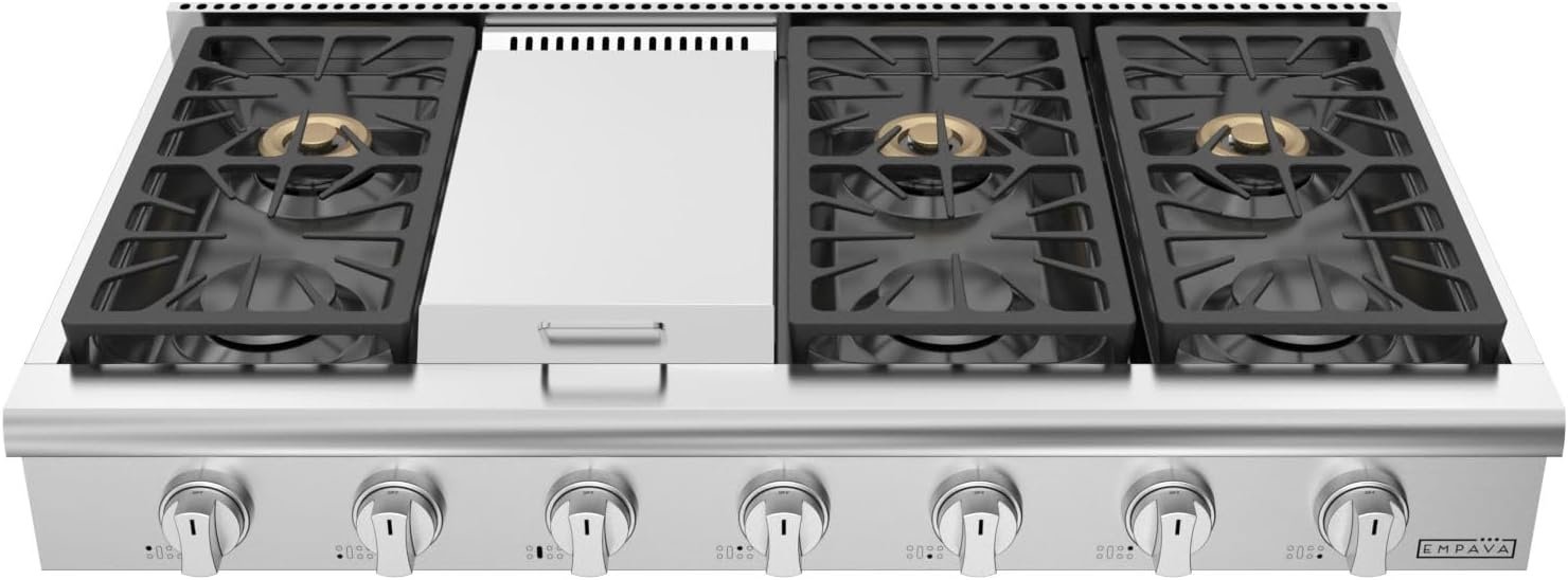 Empava 48 in. Pro-Style Professional Slide-in Natural Gas Rangetop with 6 Deep Recessed Sealed Ultra High-Low Burners-Heavy Duty Continuous Grates-Infrared Griddle in Stainless Steel, 48 Inch, Silver