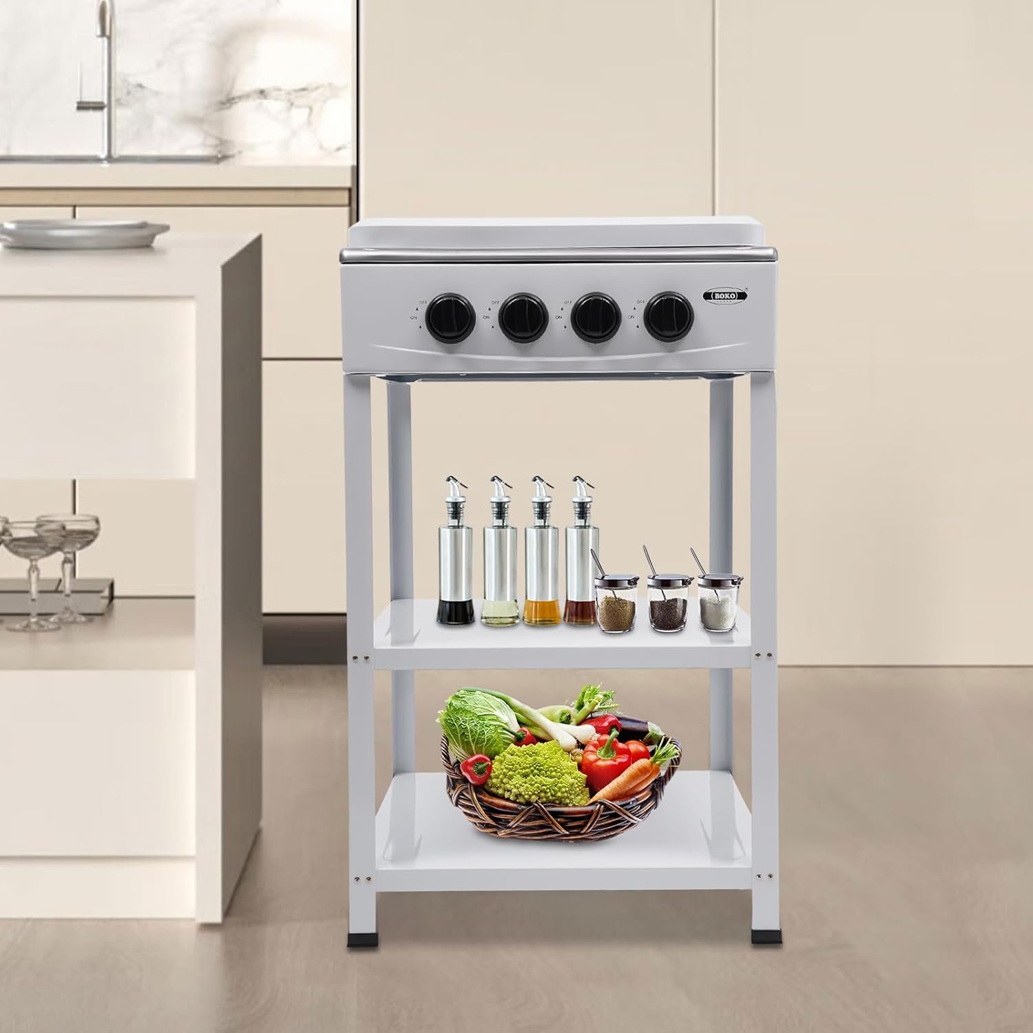 4 Burner Gas Stove Portable Natural Gas Camping Grill Stove Floor Standing Gas Cooktop with Storage Stand and Wind Blocking Cover Adapter Manual Ignition for Outdoor Camping RV (White) - Image 3