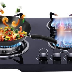 Gas Stove Top 23 Inch Built-in Gas Cooktop 4 Burner with Plug-In Igniter Black Tempered Glass Dual Burners Propane Cooktop for Homes, Hotels, Restaurants