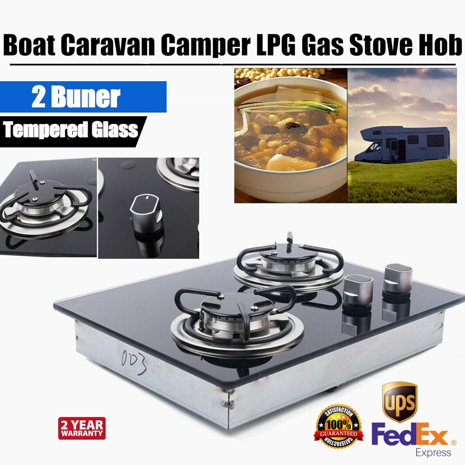 Gas Stove Gas Cooktop Camper RV Boat Caravan Burner LPG Gas Hob Cooktop With Tempered Glass 5.0x11.8x2.8 inch - 2 Burner (GR-B003) - Image 3