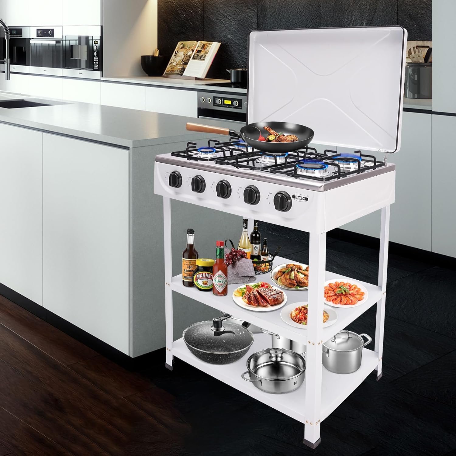 5 Burners Natural Gas Stove, Removable Bracket Gas Cooktop, Portable Gas Stove for Kitchen, RV, Apartment, Outdoor Cooking (White) - Image 2