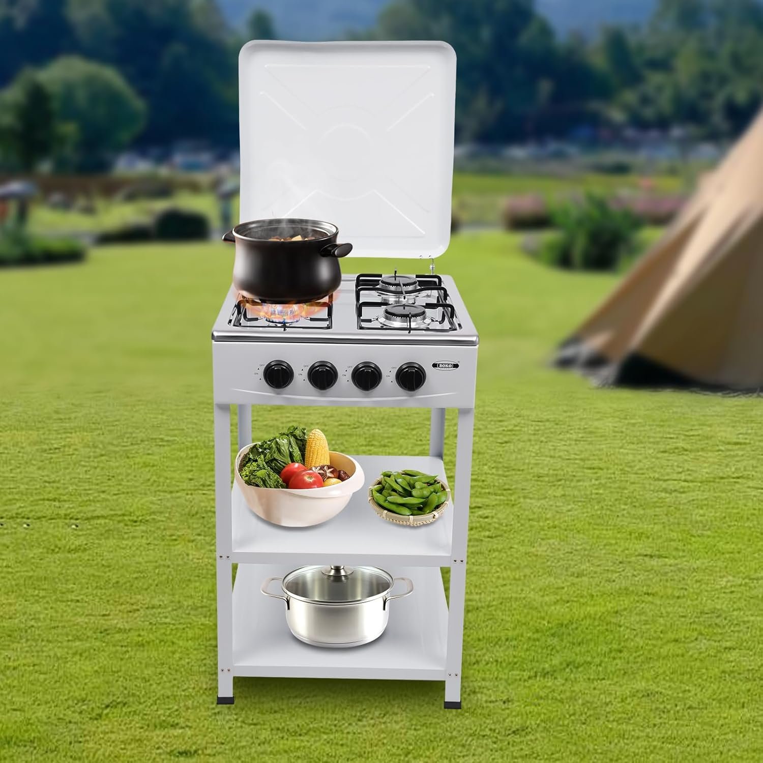 4 Burner Gas Stove Portable Natural Gas Camping Grill Stove Floor Standing Gas Cooktop with Storage Stand and Wind Blocking Cover Adapter Manual Ignition for Outdoor Camping RV (White) - Image 9