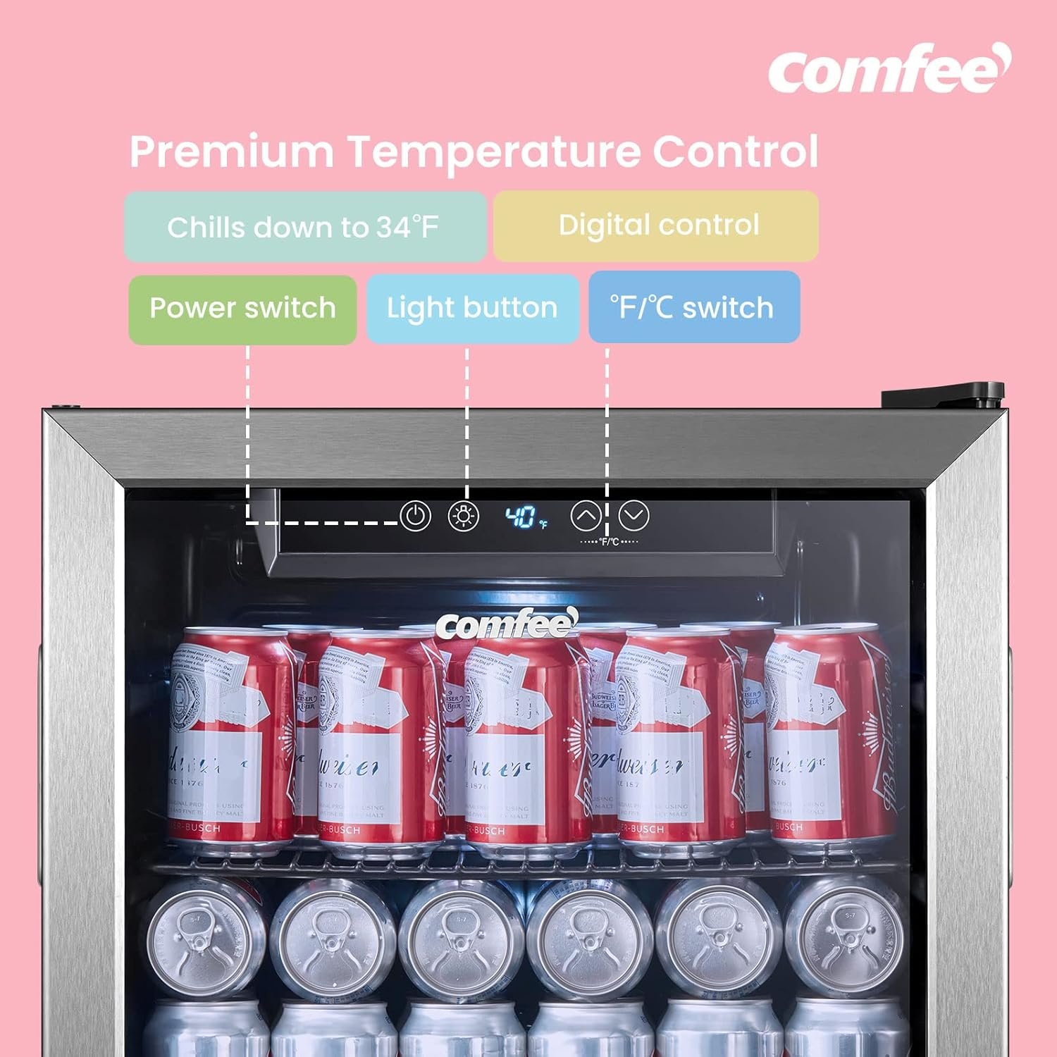 COMFEE' CRV48S3AST Beverage Cooler, 48 Cans Beverage Refrigerator, Digital Temperature Control, Glass Door With Stainless Steel Frame, Reversible Hinge Door And Legs For Home, Apartment,Dorm, Office - Image 3