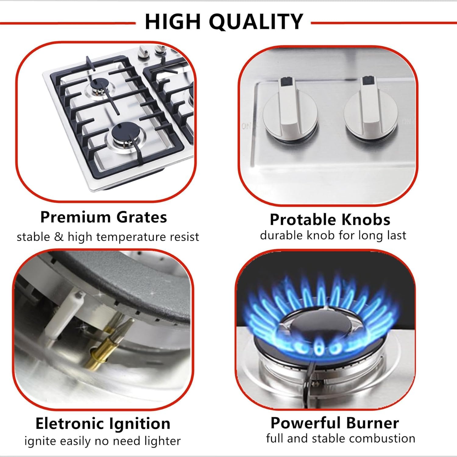 4 Burner Gas Top Stove Gas Cooktop 24 Inch Stainless Steel Built-in Gas Cooktop Gas Cooker Natural LPG Silver Gas Hob for Kitchen,Electric Ignition(4 Burner/22.83" * 19.68") - Image 4
