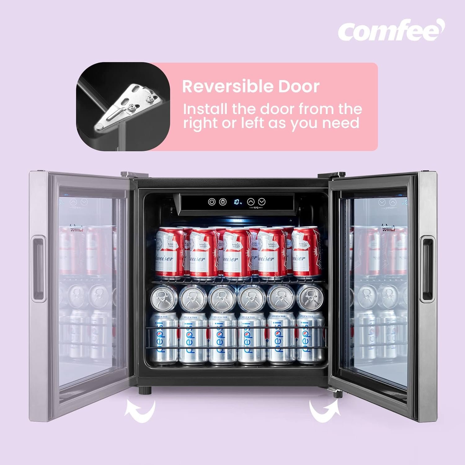 COMFEE' CRV48S3AST Beverage Cooler, 48 Cans Beverage Refrigerator, Digital Temperature Control, Glass Door With Stainless Steel Frame, Reversible Hinge Door And Legs For Home, Apartment,Dorm, Office - Image 5