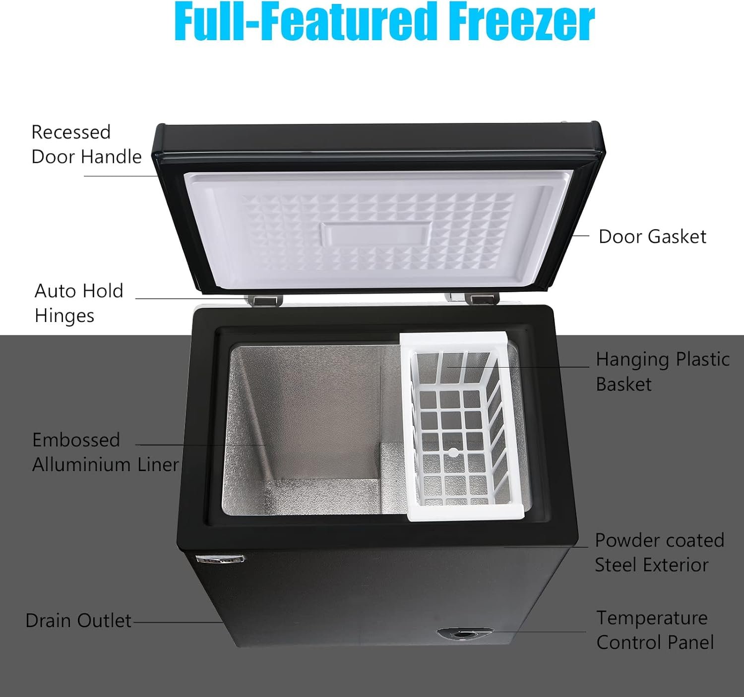 Chest Freezer 5.0 Cu.Ft Black Compact Freezer, Manual Defrost Deep Freezer with Storage Basket, Space-Saving Flat Back, Stay-Open Lid, Side-Access Drain for Home Basement Cottage Business - Image 6