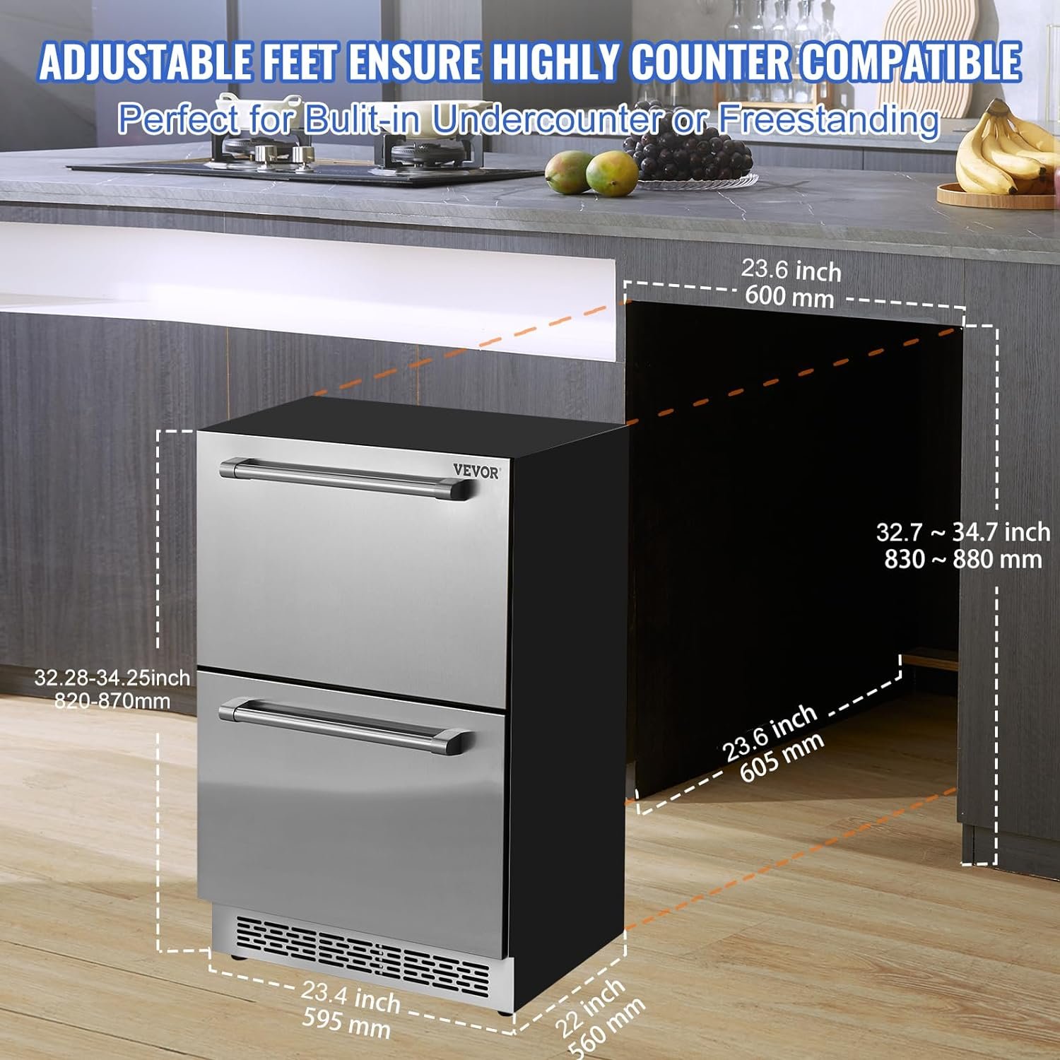 VEVOR Undercounter Refrigerator, 24 Inch Outdoor Beverage Fridge Built-in, 5.12 Cu.ft Stainless Steel Refrigerators for Patio Home Bar Outdoor Kitchen, Freestanding Cooler for Soda Wine BBQ Fruit - Image 6