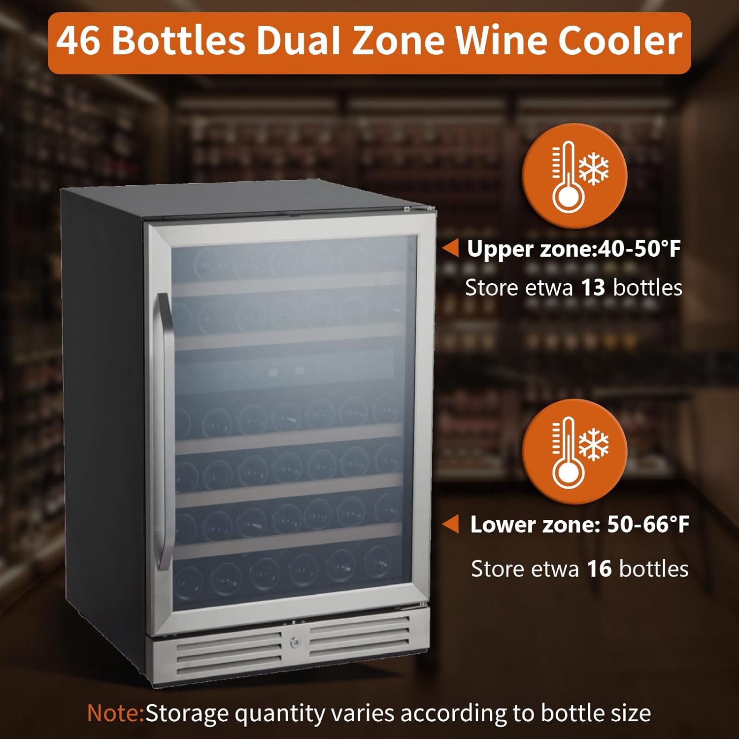 46 Bottle Wine Cooler Refrigerator, 24 Inch Dual Zone Built-in Wine Fridge for Home, Kitchen, or Office, Double-Layer Tempered Glass Door with Lock, Digital Temperature Control, Stainless Steel - Image 6