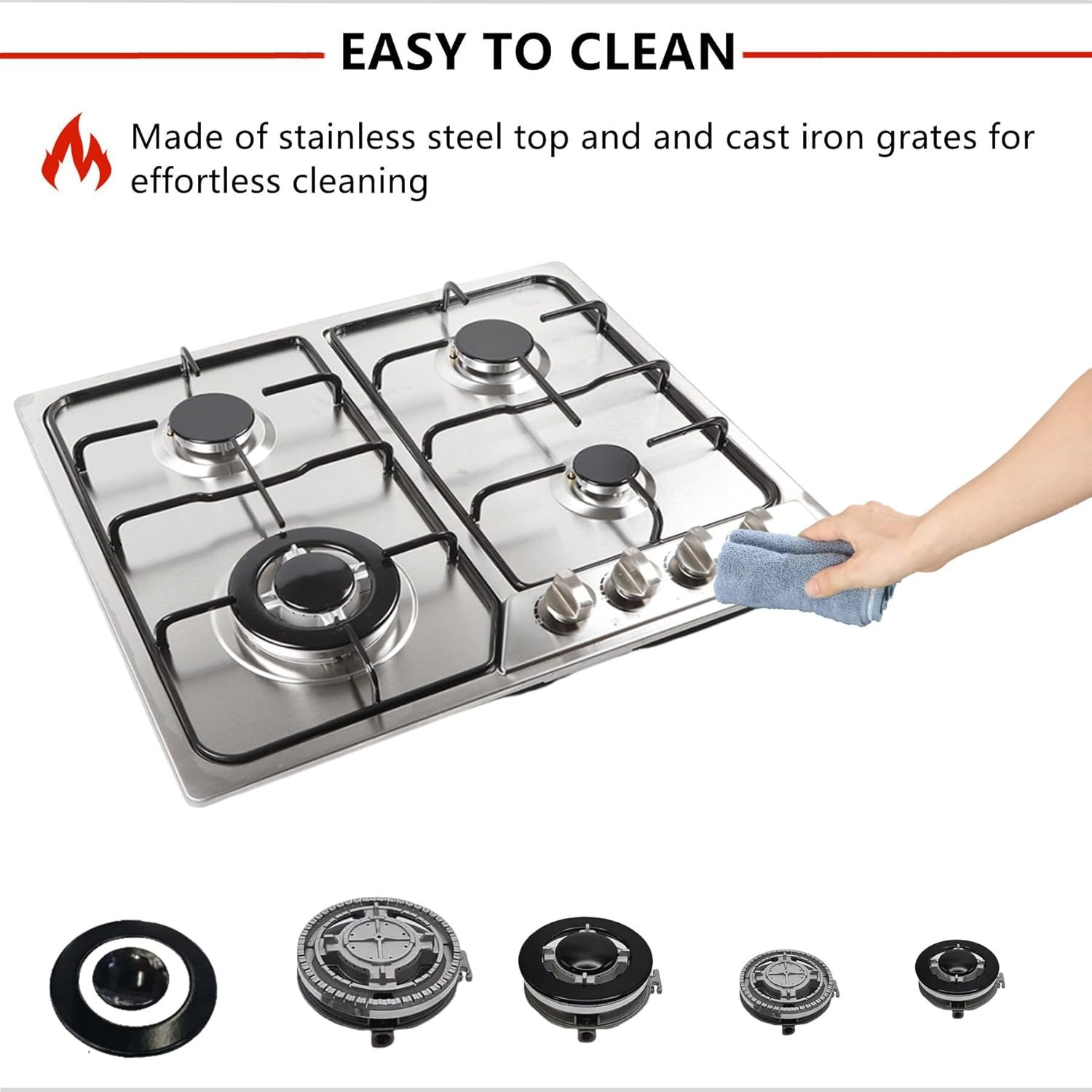 4 Burner Gas Top Stove Gas Cooktop 24 Inch Stainless Steel Built-in Gas Cooktop Gas Cooker Natural LPG Silver Gas Hob for Kitchen,Electric Ignition(4 Burner/22.83" * 19.68") - Image 5