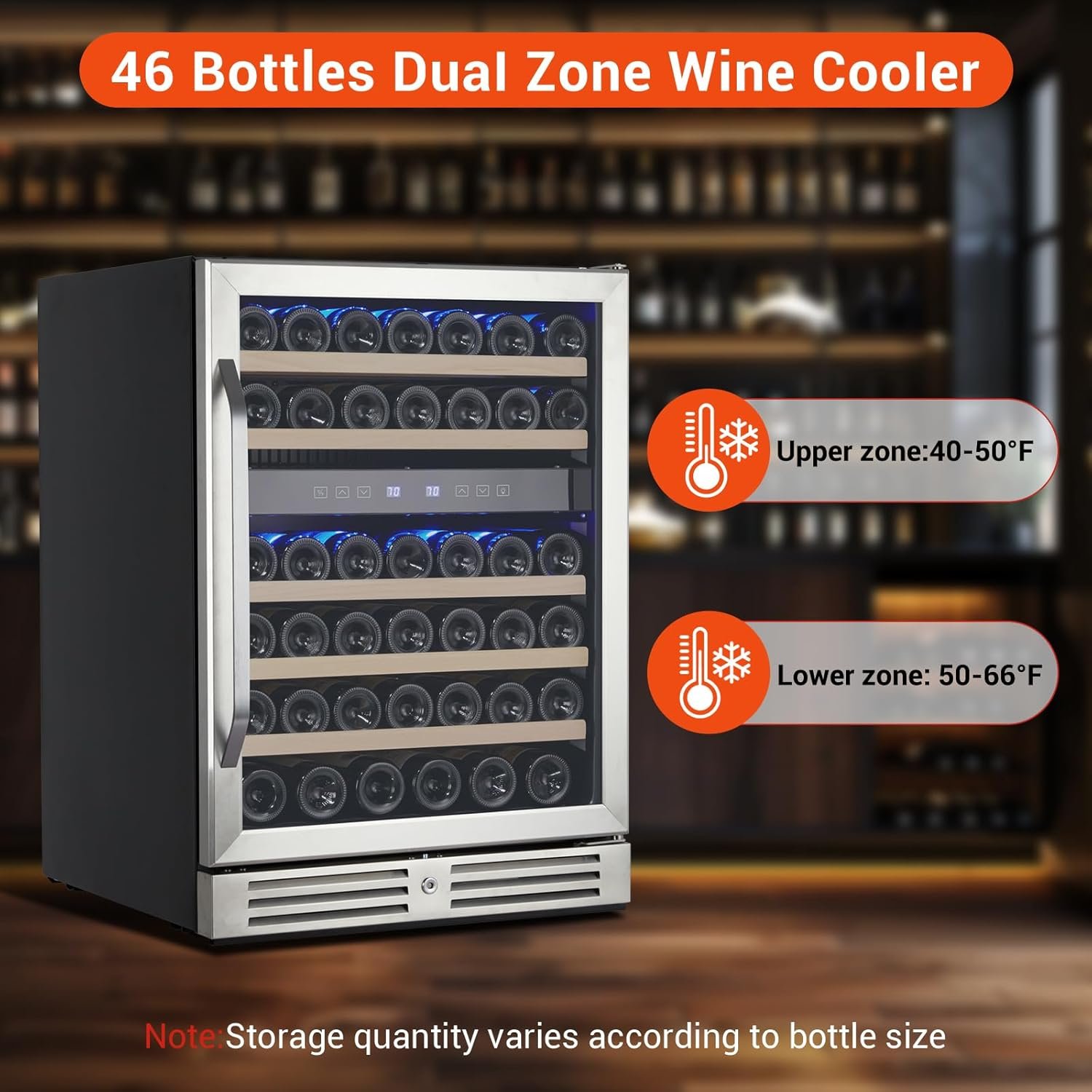 46 Bottle Wine Cooler Refrigerator, 24 Inch Dual Zone Built-in Wine Fridge for Home, Kitchen, or Office, Double-Layer Tempered Glass Door with Lock, Digital Temperature Control, Stainless Steel - Image 3