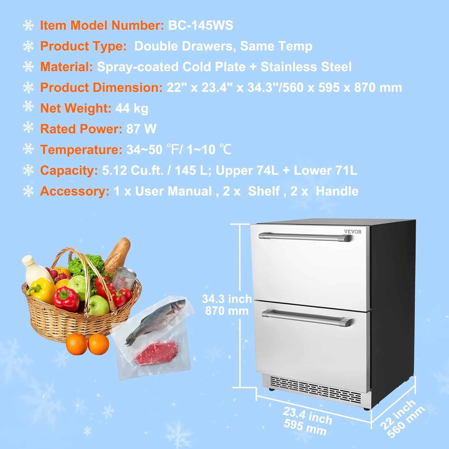 VEVOR Undercounter Refrigerator, 24 Inch Outdoor Beverage Fridge Built-in, 5.12 Cu.ft Stainless Steel Refrigerators for Patio Home Bar Outdoor Kitchen, Freestanding Cooler for Soda Wine BBQ Fruit - Image 7