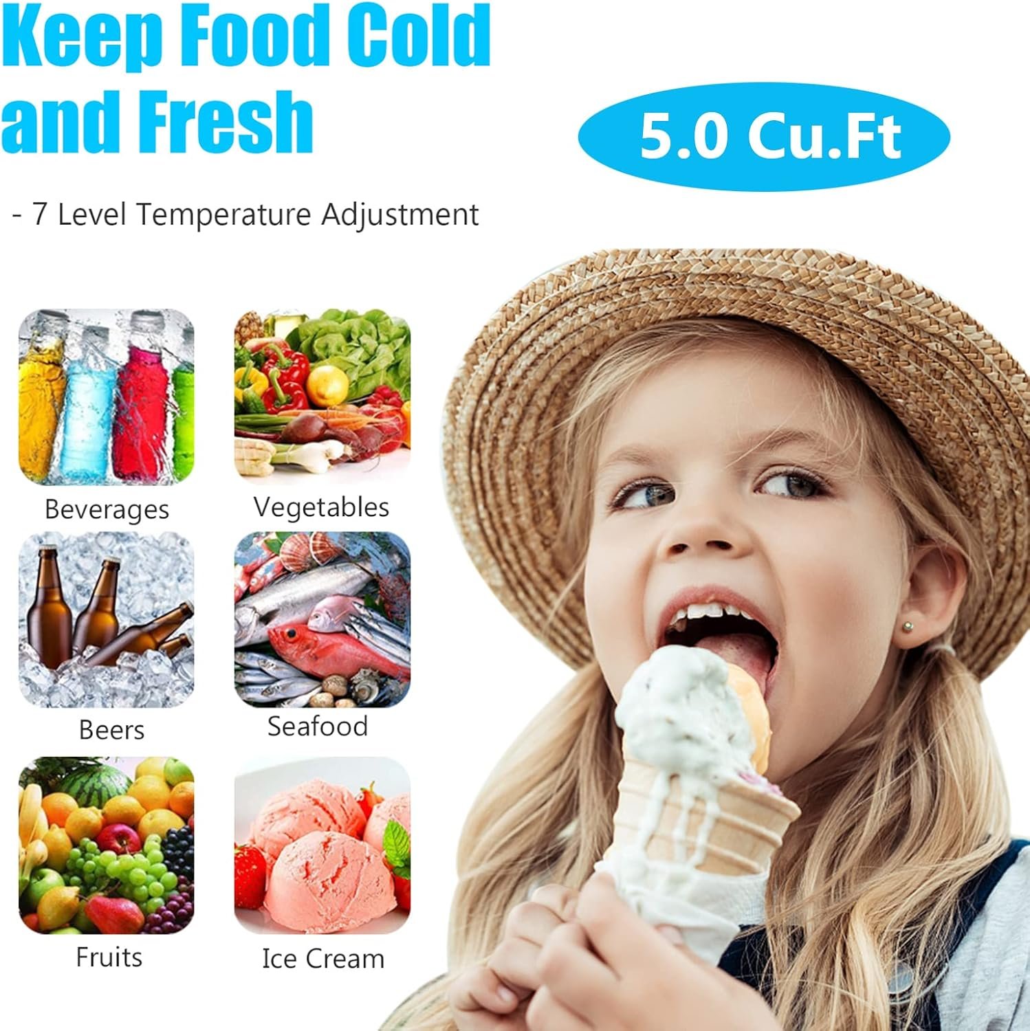 Chest Freezer 5.0 Cu.Ft Black Compact Freezer, Manual Defrost Deep Freezer with Storage Basket, Space-Saving Flat Back, Stay-Open Lid, Side-Access Drain for Home Basement Cottage Business - Image 8