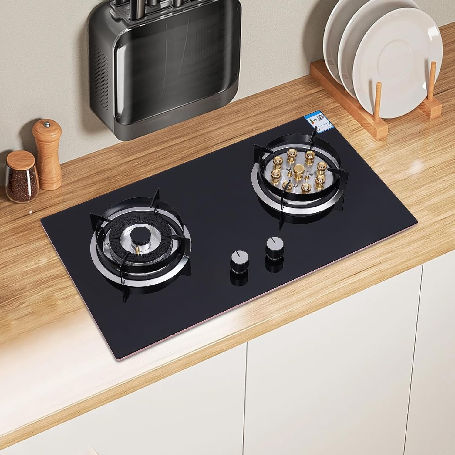 Gas Cooktop, Portable Glass & Copper Gas Stoves, 2 Burners Built-in Gas Stove Kitchen High Efficiency Powerful Cooking Burners for Home Apartment Black, Easy to Clean - Image 2