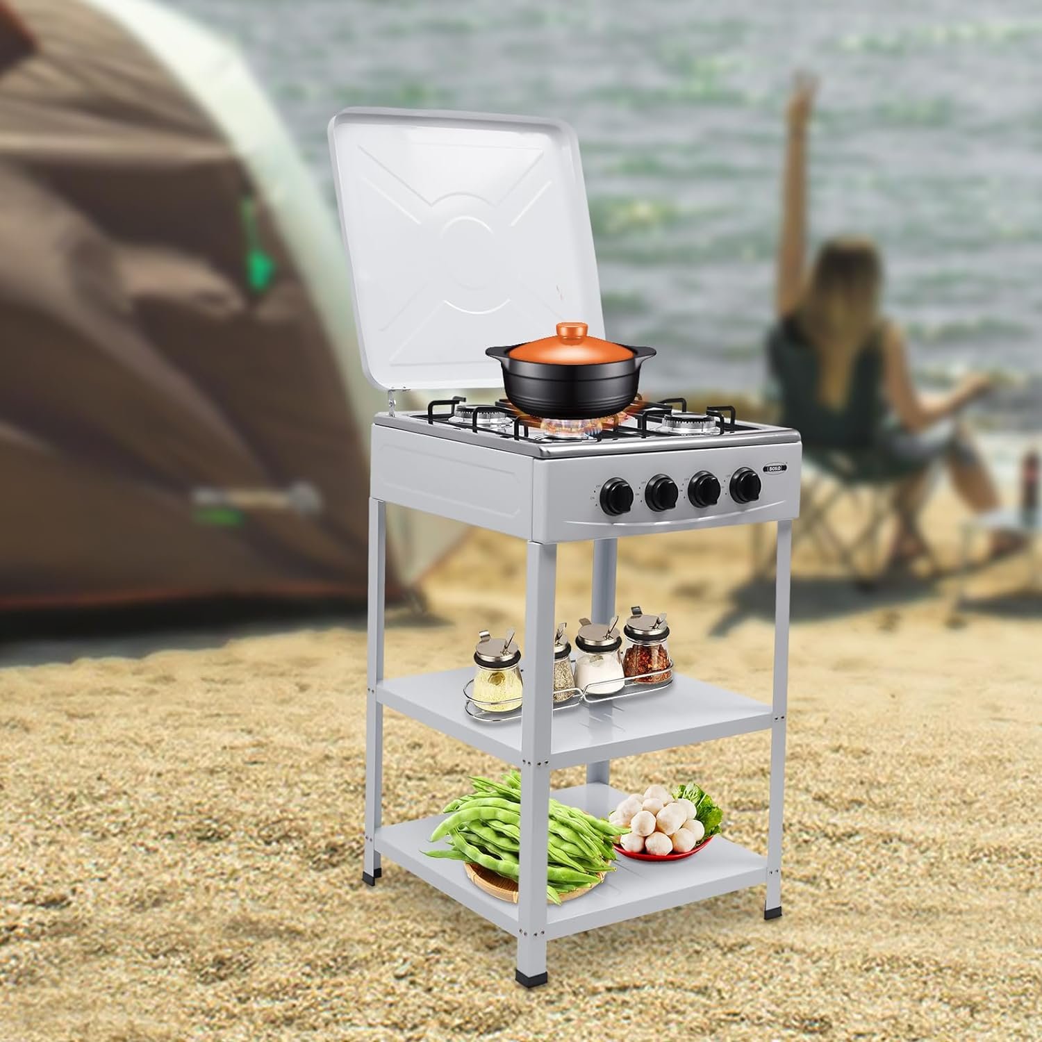 4 Burner Gas Stove Portable Natural Gas Camping Grill Stove Floor Standing Gas Cooktop with Storage Stand and Wind Blocking Cover Adapter Manual Ignition for Outdoor Camping RV (White) - Image 4