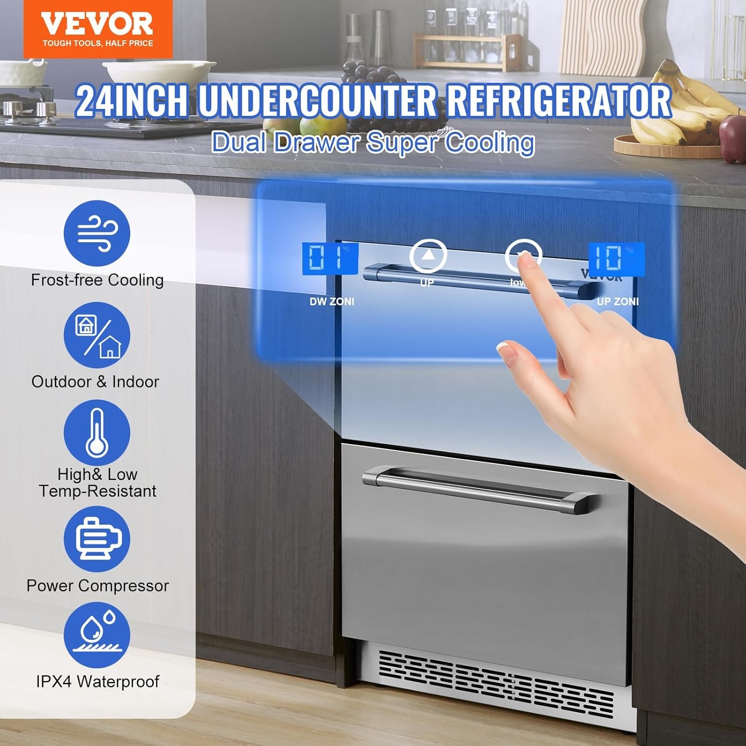 VEVOR Undercounter Refrigerator, 24 Inch Outdoor Beverage Fridge Built-in, 5.12 Cu.ft Stainless Steel Refrigerators for Patio Home Bar Outdoor Kitchen, Freestanding Cooler for Soda Wine BBQ Fruit - Image 2