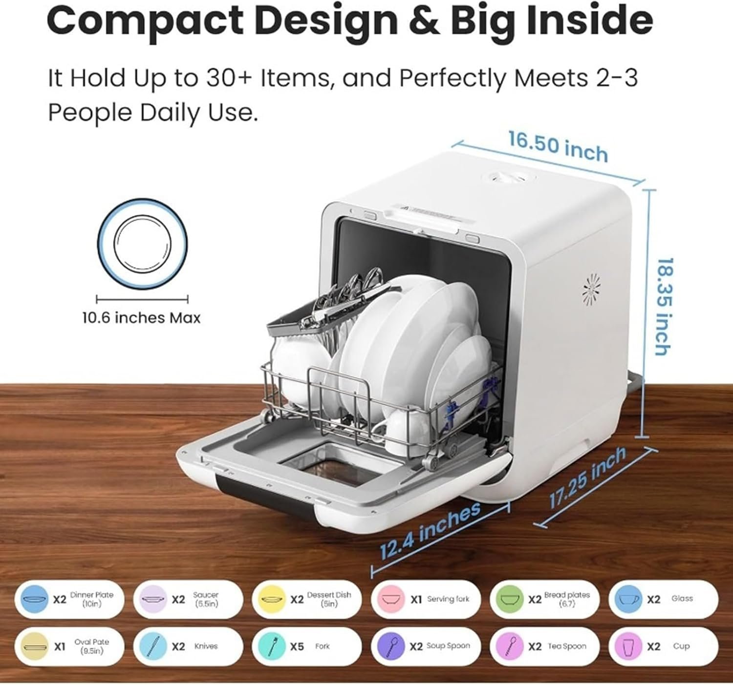 Countertop Dishwasher Portable Dishwasher with 6L Built-in Water Tank Mini Dishwasher with More Space Inside 7 Programs - Image 2