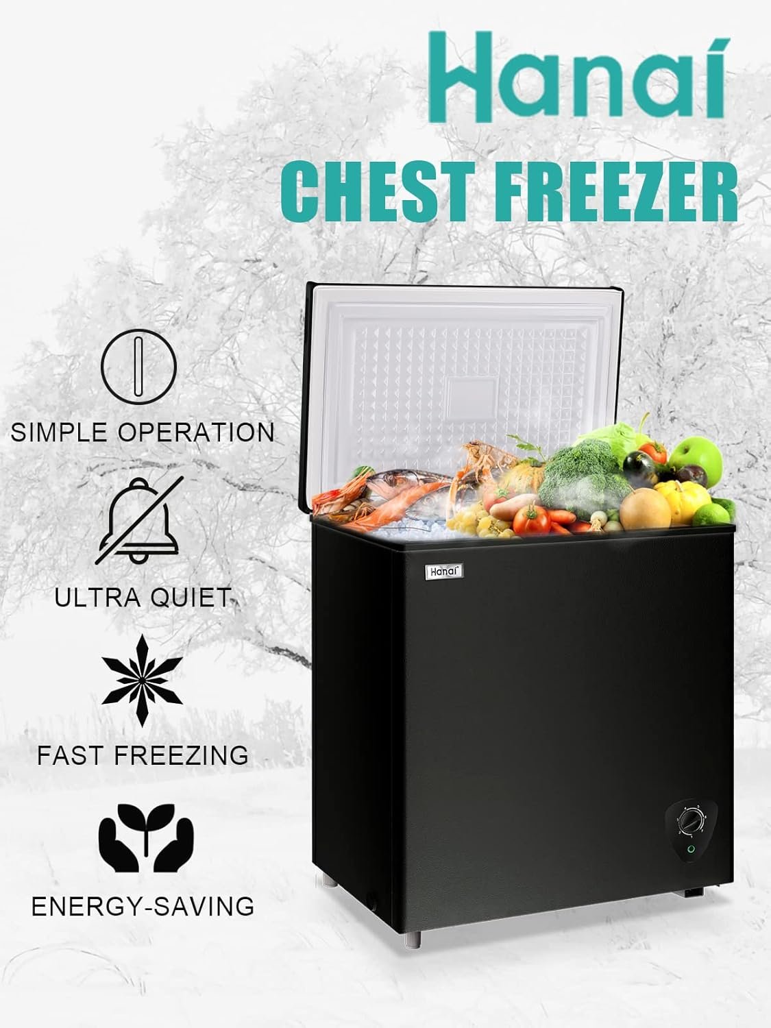 Chest Freezer 5.0 Cu.Ft Black Compact Freezer, Manual Defrost Deep Freezer with Storage Basket, Space-Saving Flat Back, Stay-Open Lid, Side-Access Drain for Home Basement Cottage Business - Image 2