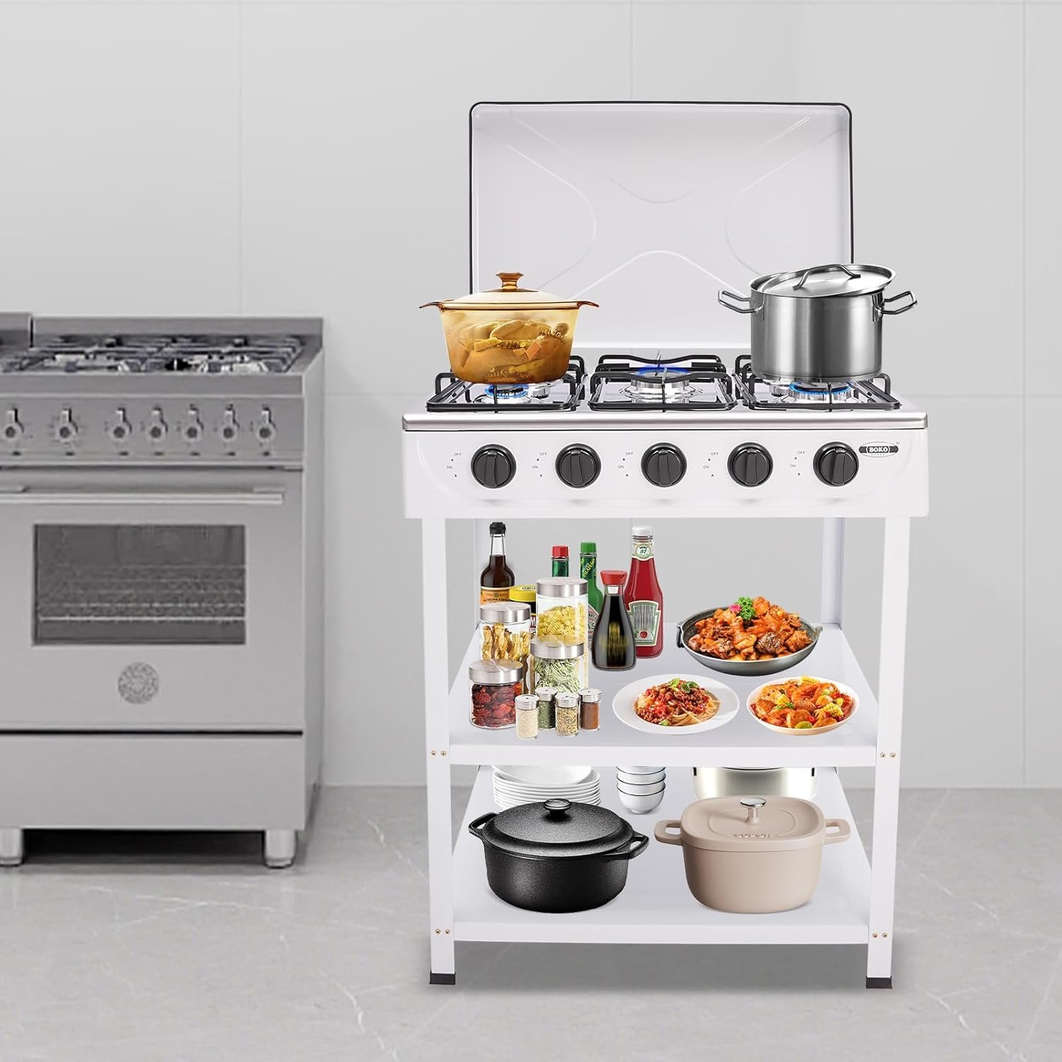 5 Burners Natural Gas Stove, Removable Bracket Gas Cooktop, Portable Gas Stove for Kitchen, RV, Apartment, Outdoor Cooking (White) - Image 4