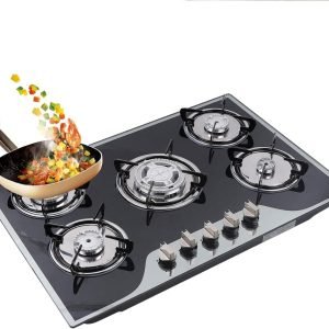 30-Inch Burner Gas Stove, 5 Burners Built-In Stove Top Stainless Steel, Tempered Glass Smooth Surface Automatic Pulse Ignition Countertop Stove, NG/LPG Convertible