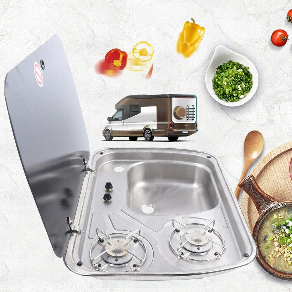 Camping Burner Gas Stove, 2 Burner Boat Caravan RV Camper Gas Stove Hob Sink Combo with Tempered Glass Lid - Image 2