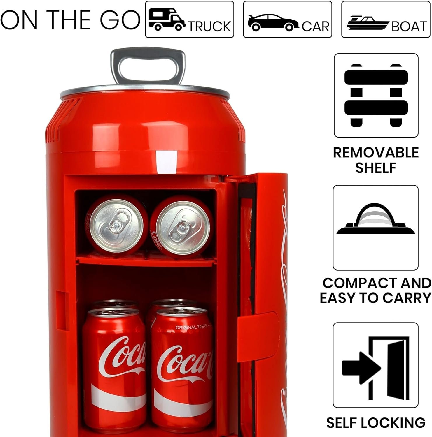 Coca Cola Mini Fridge - Refrigerator for Bedroom Skincare Office, Portable Table Top Beverage Cooler, 12V 110V Refrigerador For Drinks, Soda, Wines, Breast Milk, Use In Car, Dorm, Outdoor, Patio,8 Can - Image 5