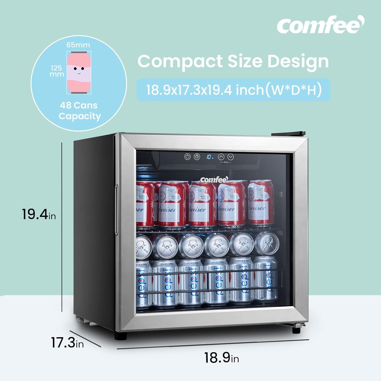 COMFEE' CRV48S3AST Beverage Cooler, 48 Cans Beverage Refrigerator, Digital Temperature Control, Glass Door With Stainless Steel Frame, Reversible Hinge Door And Legs For Home, Apartment,Dorm, Office - Image 2