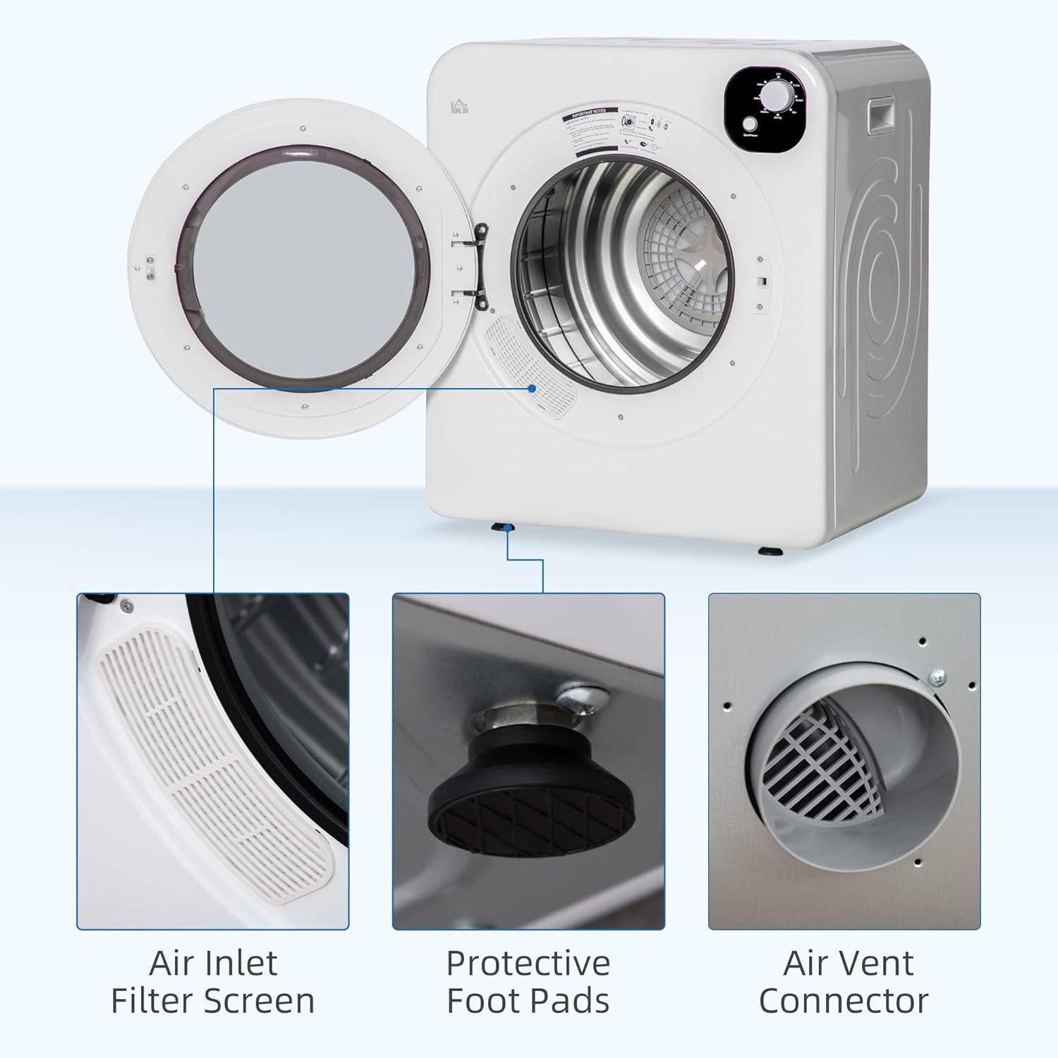 Portable Clothes Dryer, 120V 1300W Compact Laundry Dryer with Intelligent Drying, 3.2 cu.ft Stainless Steel Drum, Front Load Electric Dryer for Apartments, Dorms, RVs, White - Image 6