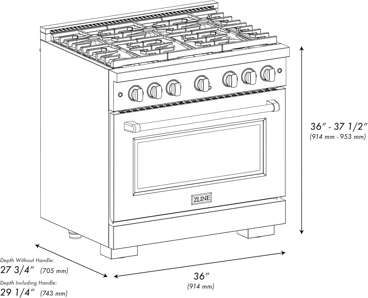 ZLINE 36 in. 5.2 cu. ft. Paramount Gas Range with Convection Gas Oven in DuraSnow Stainless Steel with 6 Brass Burners (SGRS-BR-36) - Image 9