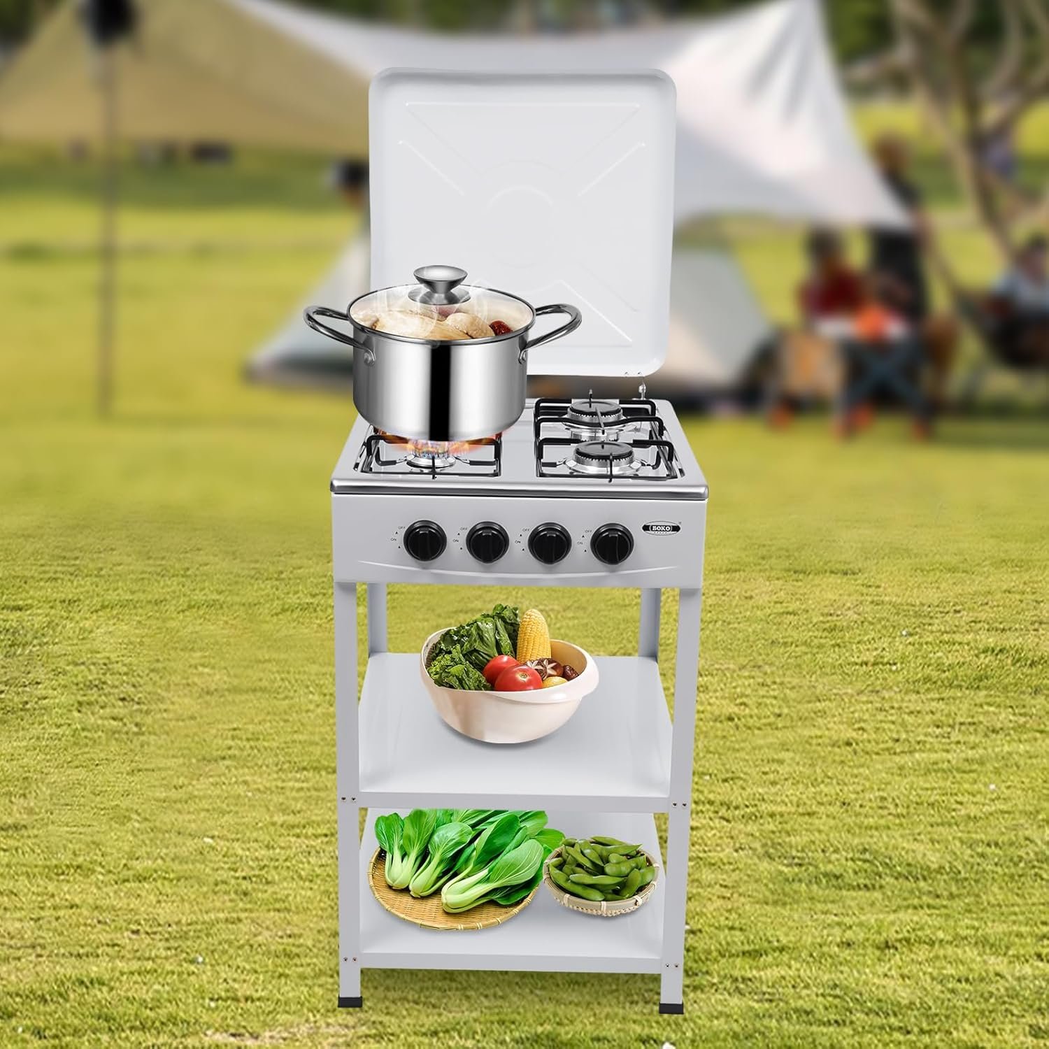 Outdoor Natural Gas Stove,4-Burner Cooking Iron Gas Stove Set With Double storage shelves,Independent Control,Freestanding Commercial Restaurant Gas Stove for camping, traveling, picnicking(White) - Image 7