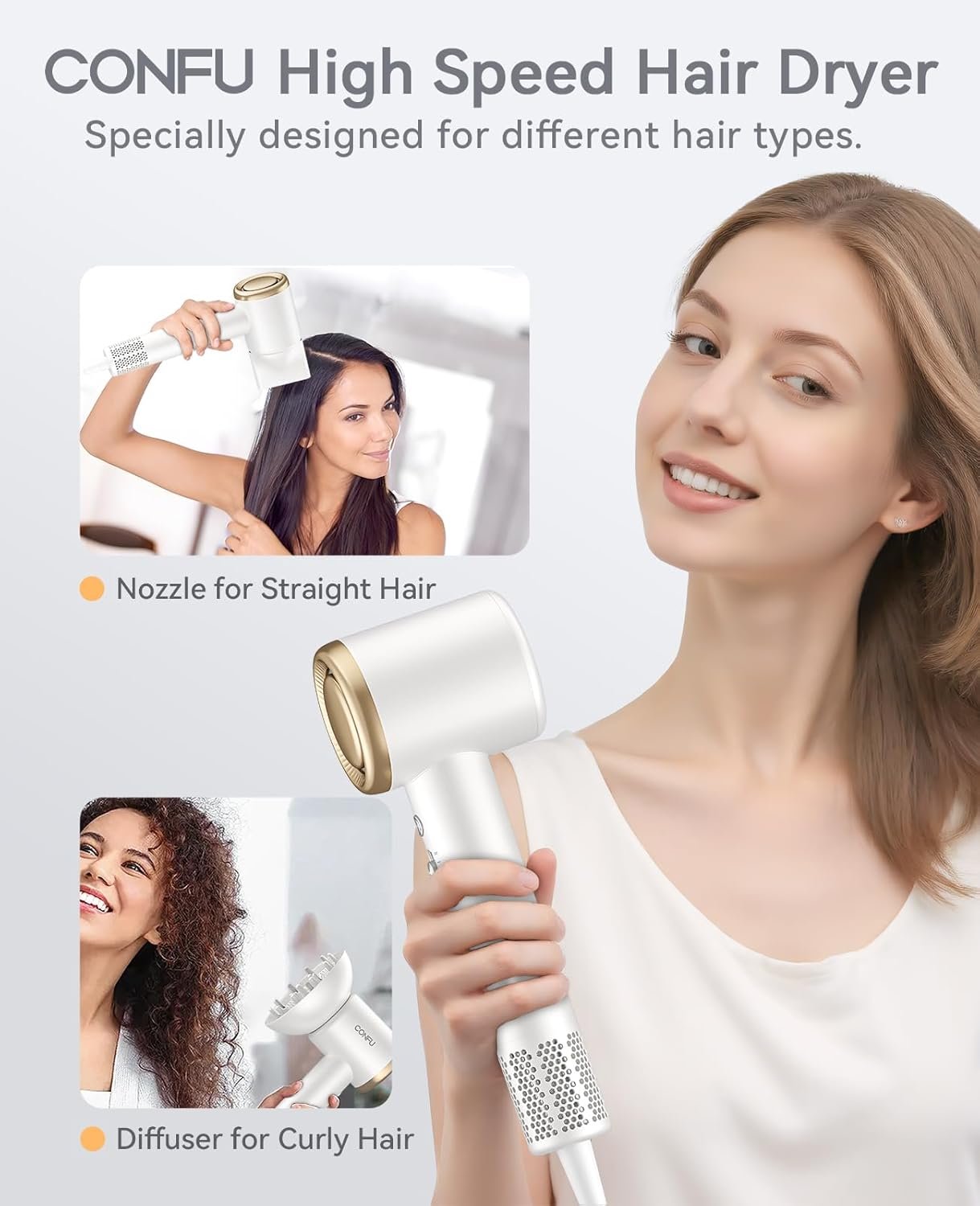 Blow Dryer - CONFU 1400W Professional Hair Dryer with Diffuser, 110000 RPM High-Speed Ionic Lightweight Design for Fast Drying, Home & Travel Use, Includes Nozzle for Women & Men - Image 4