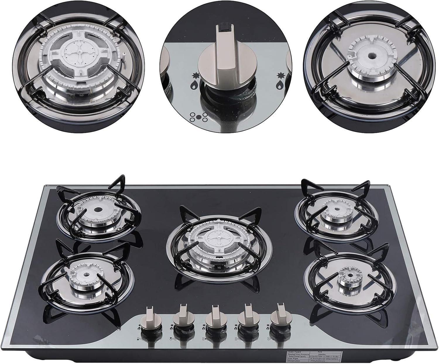 30Inch Gas Cooktop, Built-in 5 Burner Gas Stove with Tempered Glass Panel, Stainless Steel Cooktop Gas Cooktop LPG/NG Gas Cooktop 5 Burner Gas Cooker for Home, Restaurant - Image 6