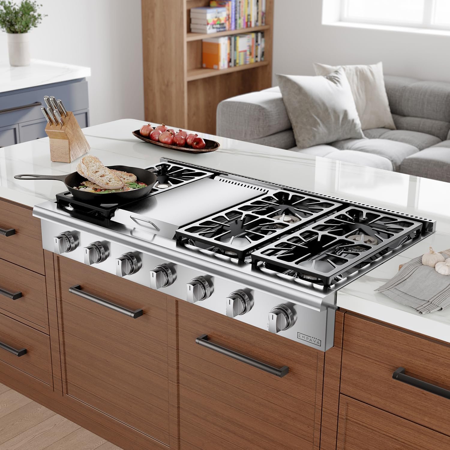 Empava 48 in. Pro-Style Professional Slide-in Natural Gas Rangetop with 6 Deep Recessed Sealed Ultra High-Low Burners-Heavy Duty Continuous Grates-Infrared Griddle in Stainless Steel, 48 Inch, Silver - Image 3