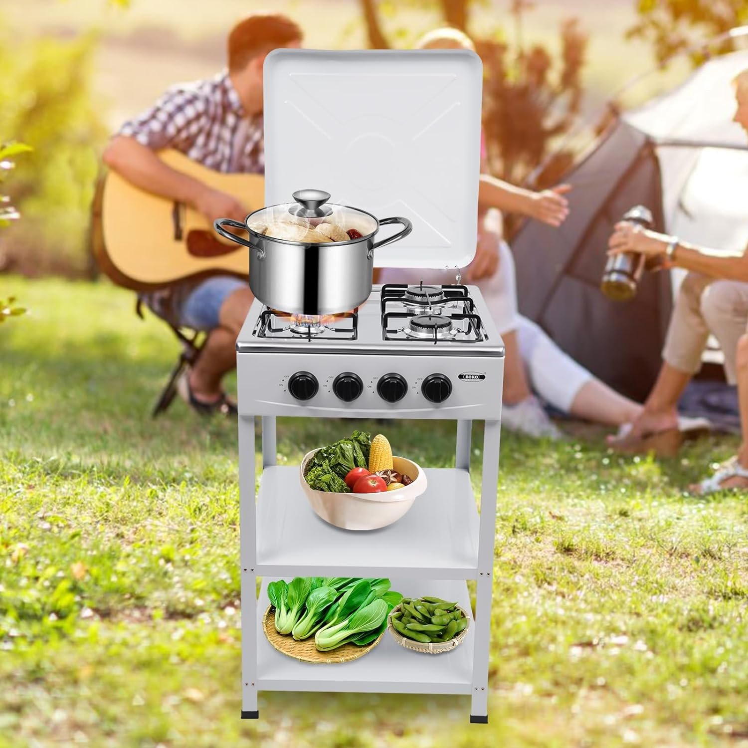 4 Burner Gas Stove Portable Natural Gas Camping Grill Stove Floor Standing Gas Cooktop with Storage Stand and Wind Blocking Cover Adapter Manual Ignition for Outdoor Camping RV (White) - Image 2