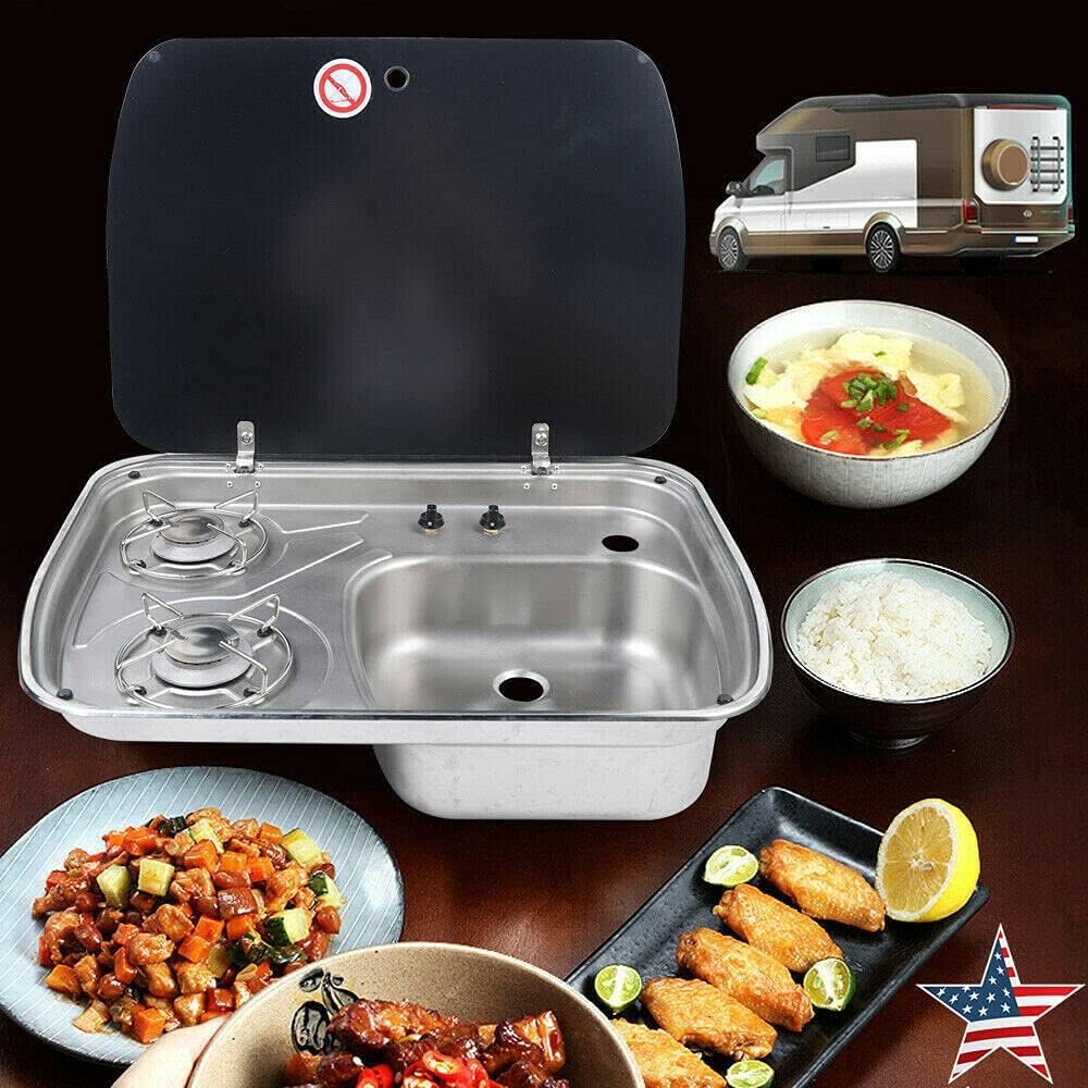 Camping Burner Gas Stove, 2 Burner Boat Caravan RV Camper Gas Stove Hob Sink Combo with Tempered Glass Lid - Image 9